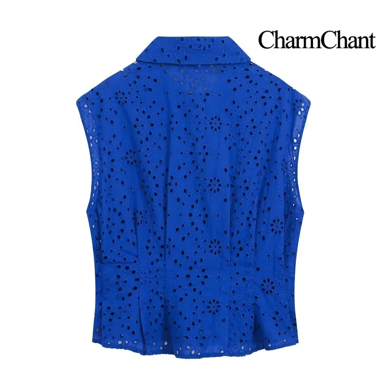 CHARMCHANT Women's Blue Eyelet Embroidery Sleeveless Shirt Lapel Collar Single Breasted Cropped Peplum Blouse Summer 2026 ****