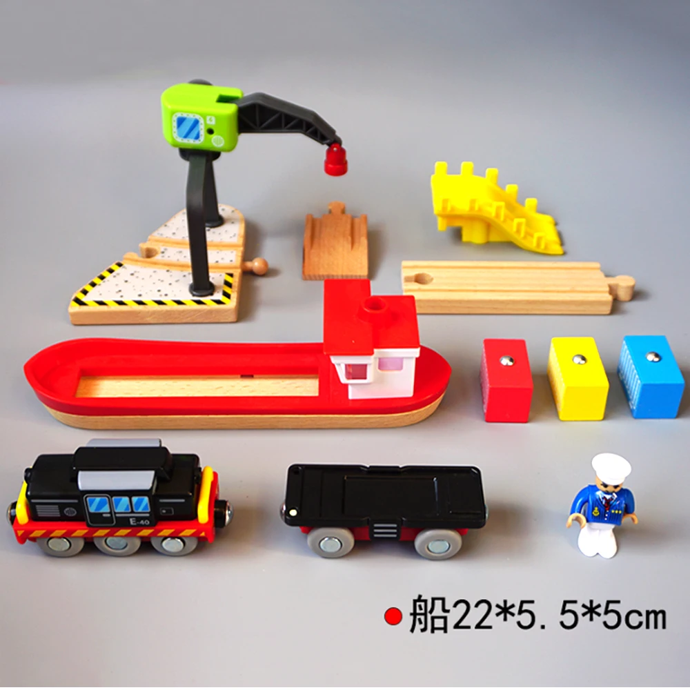 Wooden Dock Loading Crane Cargo Ship Toy Set Scene Compatible With Train Wood Track Children  Track Series Toy Accessories