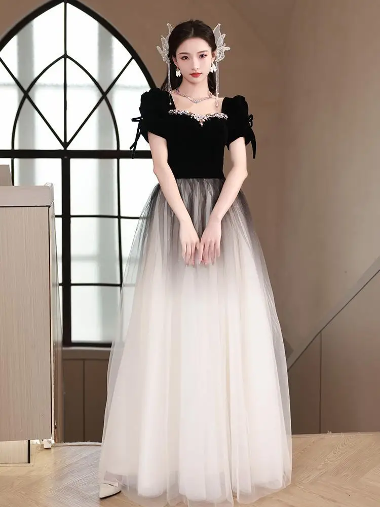 Black Gradient Sexy Square Collar Back Bandage Chiffon A-Line Evening Dresses Women Formal Party Gown Vestidos