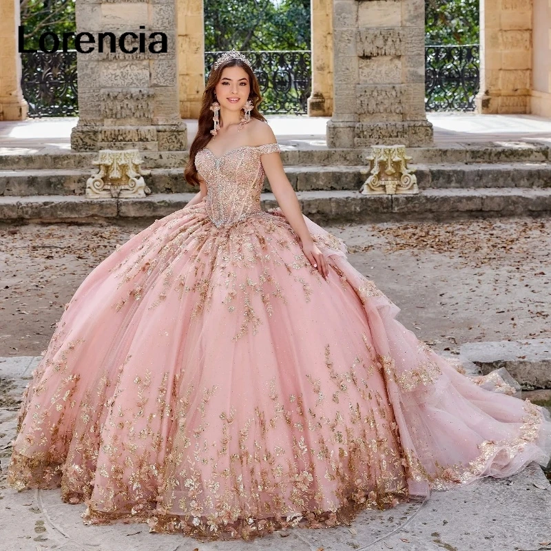 Lorencia ชุดเดรสสีฟ้า quinceanera เปิดไหล่ดอกไม้3D ชุดไปงานเต้นรำปักลูกปัดฉัตรหวาน16 15 vestidos de 15 años YQD693