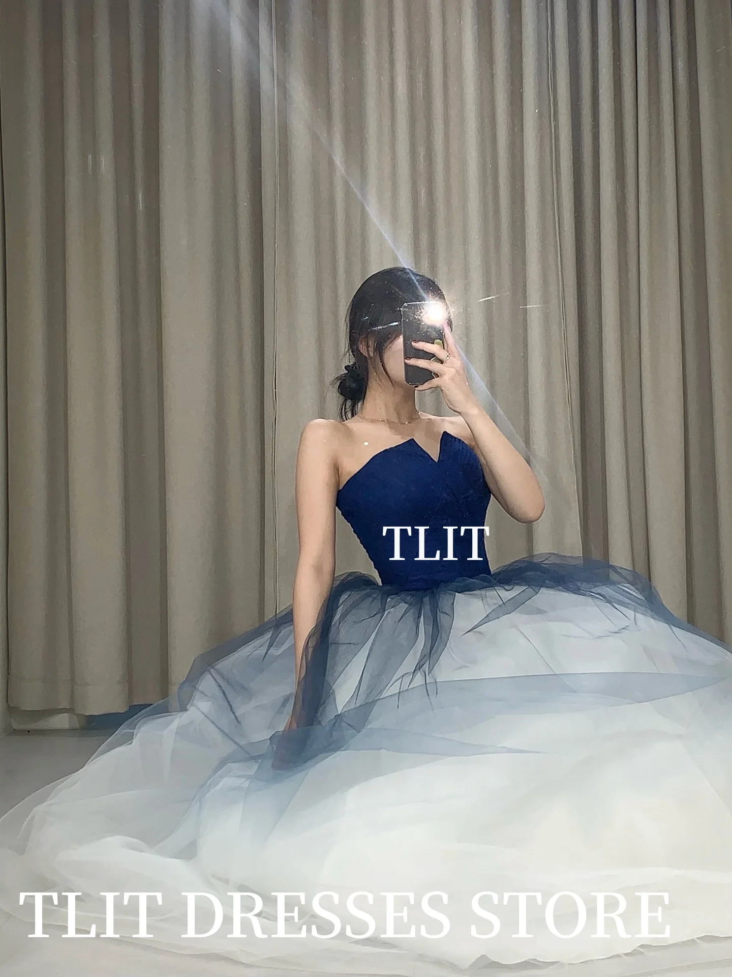 TLIT Simple Gradient Gem Blue Tulle Evening Dress이브닝 드레스 Korea Wedding Dresses Photo Shoot Strapless Prom Gown Customized
