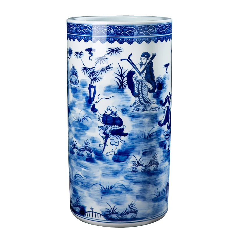 Ceramic Blue and White Porcelain Eight Immortals Picture Quiver Sword Tube Storage Scroll Cylinder Painting and Calligraphy