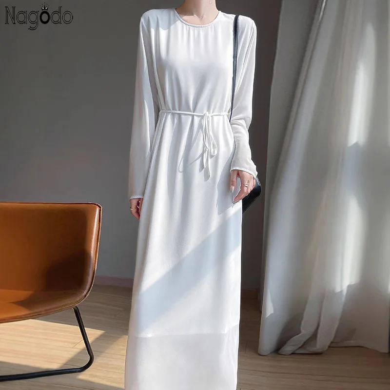 

Summer Elegant Long Sleeve Women Dress Georgette Black Evening Long Dresses Round Neck Button Lace Up Vestidos White Party Robe