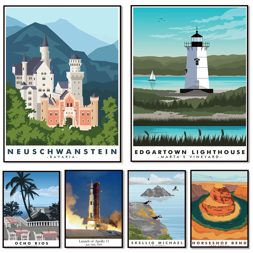 Bavaria Neuschwanstein Castle, Ocho Rios Jamaica, Horseshoe Bay Lake Powell, Edgartown Lighthouse Martha, Ireland Travel Poster
