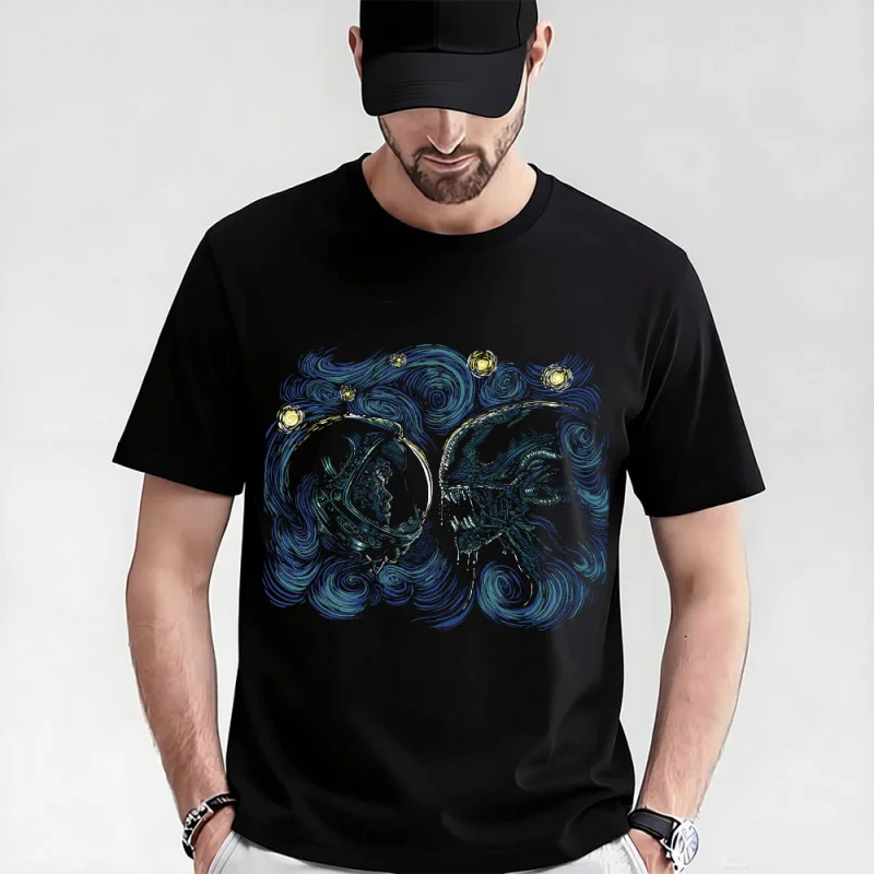 

STARRY NIGHT Horror Alien Sic-Fi Gift T-Shirt Weyland Xenomorphe & Ripley Graphic clothes Large size tops 100% cotton print Tee