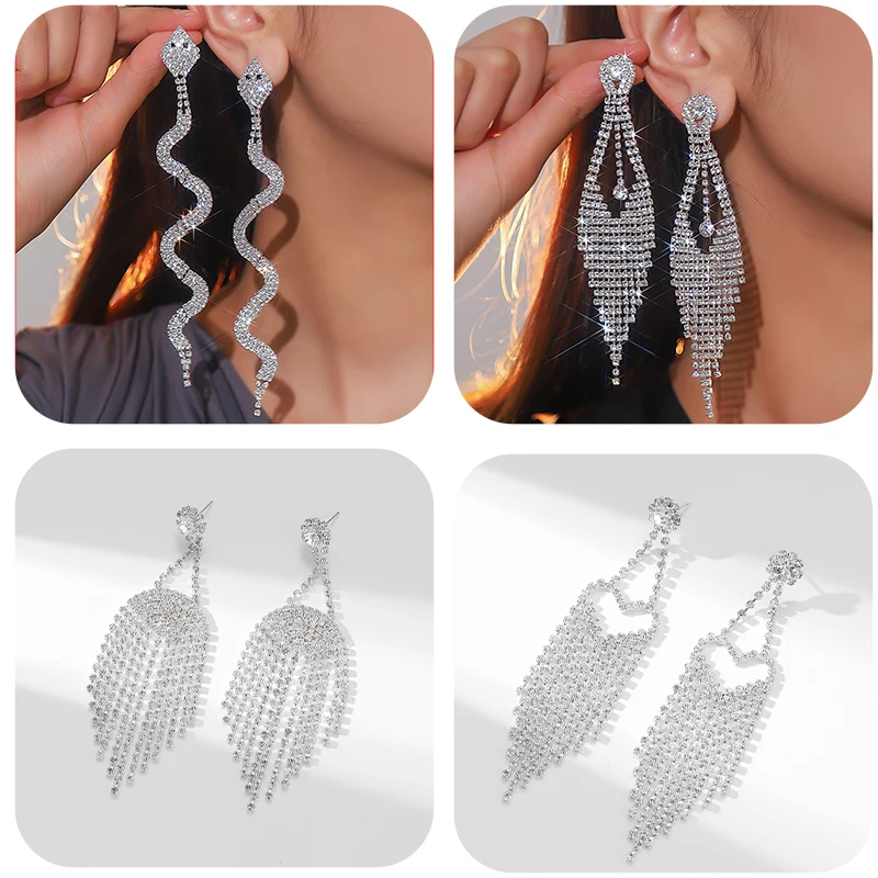 Luxury Women's  Rhinestone Fringe Hanging Earrings New Shiny Wedding Party Jewelry Gifts