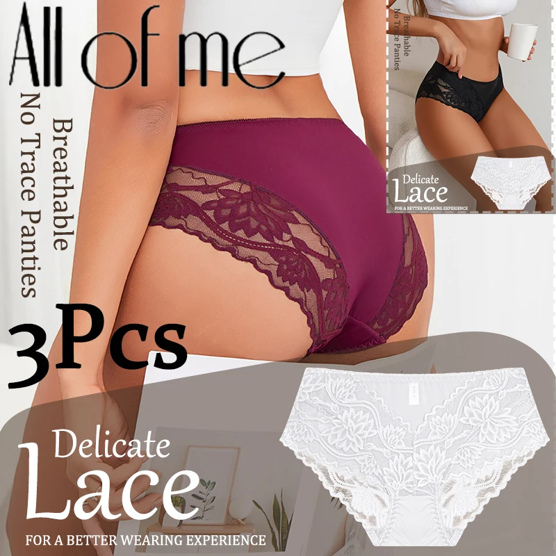3Pcs frauen Höschen Exquisite Spitze Unterwäsche Seide Satin Sexy Nahtlose Mädchen Dessous Weibliche Slips Plus Größe Komfort Unterhose
