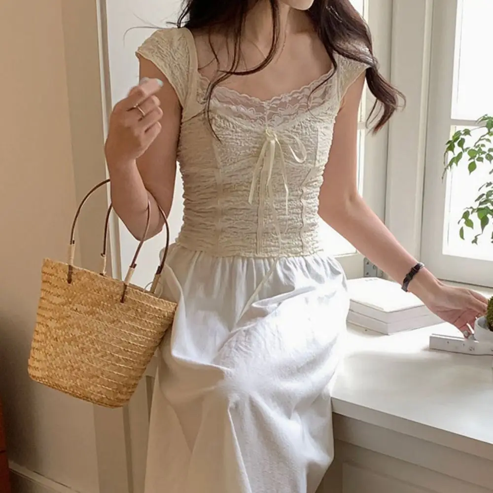 Ins الحلو سليم المحاصيل الأعلى الكورية نمط قاع قميص تي شيرتات قصيرة الاكمام الملابس النسائية فتاة حار مقوس دانتيل تي شيرت الصيف