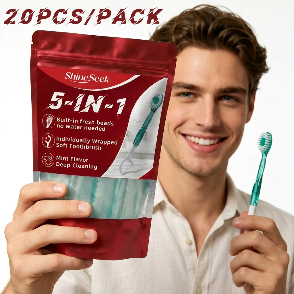 20Pcs/Pack Large Capacity Set, 5-in-1 Multifunctional Toothbrush Care Set with Mint Flavor, Includes Freshening Beads + Toothbrush + Dental Floss + Interdental Cleaning Stick + Tongue Scraper, Convenient and Soft, Soft Bristle Design, Teeth and Gum Care | Travel Essentials | Individually Packaged | Soft | Mint Flavor | Travel Toothbrushes Are the Best Choice for Smart Families!