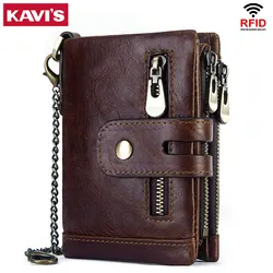 KAVIS Genuine Cowhide Leather Wallet With Coin Pocket For Men Money Card Holder Purse Short Double Zipper  Male Bifold RFID