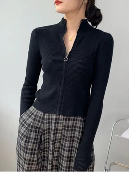 Women's Zip-Up Knit Cardigan Sweater 3 Spring Autumn Zipper Cardigan Women Sweaters Knitted Long Sleeve Stand-up Collar Tops Korean Fashion Short Sweater for Female 3