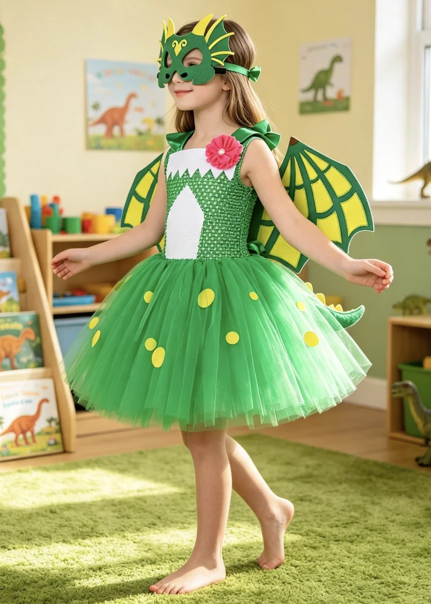Children Green Cartoon Cute Dinosaur Halloween Role Play Mesh Tutu Dress With Wings Mask Outfit For Birthday Holiday Party Wear