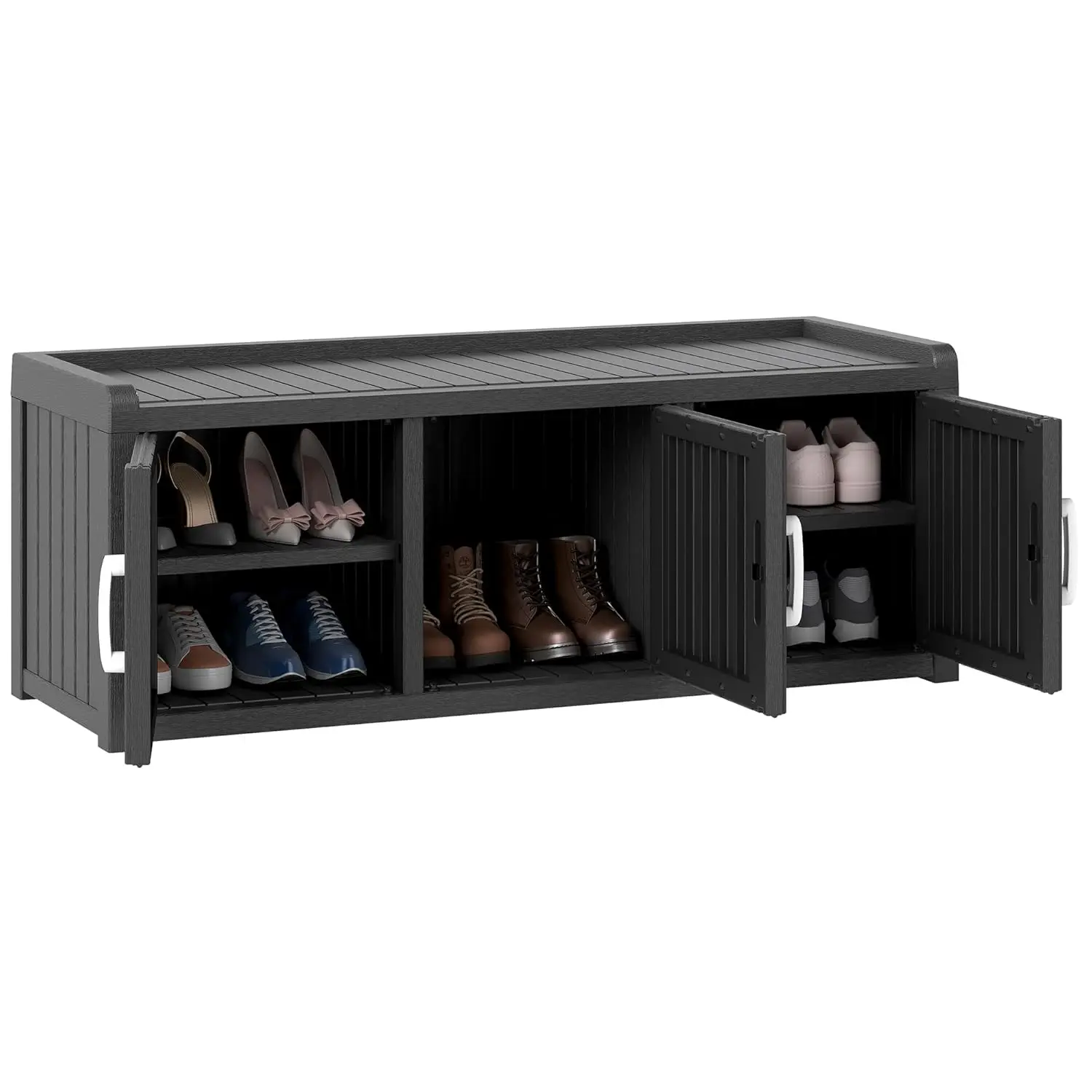 

2-Tier Storage Bench, Waterproof UV-Resistant Outdoor Shoe Storage Cabinet with 3 Doors & Adjustable Shelves for, Customized