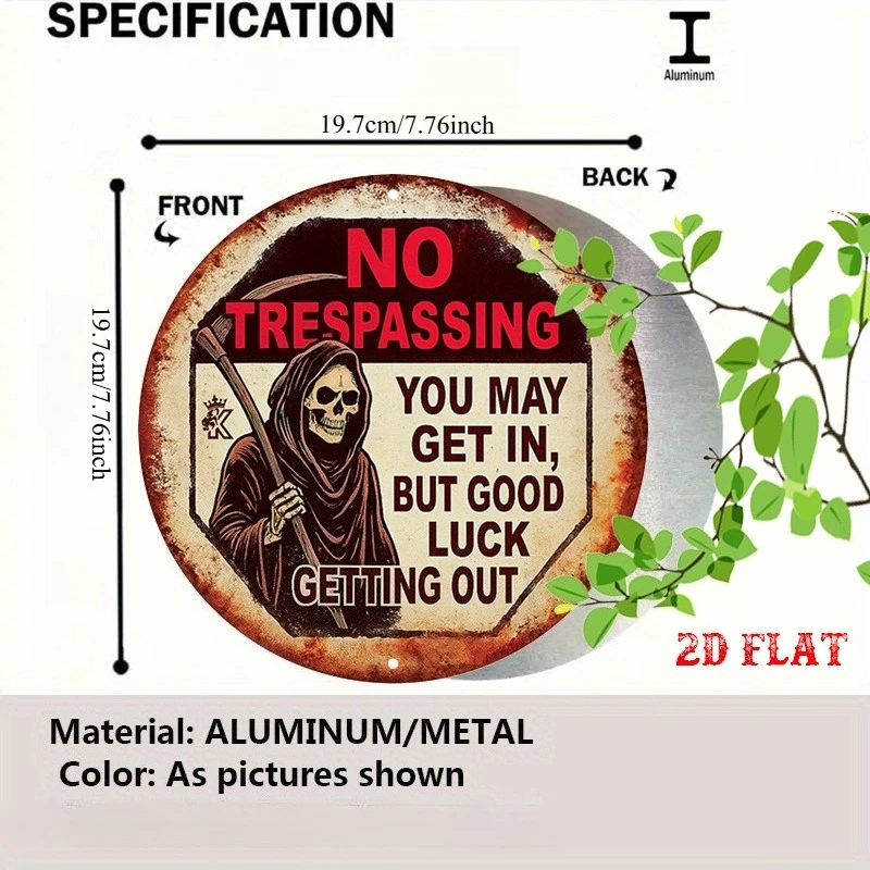 Dark Humor Round Aluminum Sign, No Trespassing Round Wall Decor Grim Reaper Rustic Metal Wall ArtWall Decor Signs
