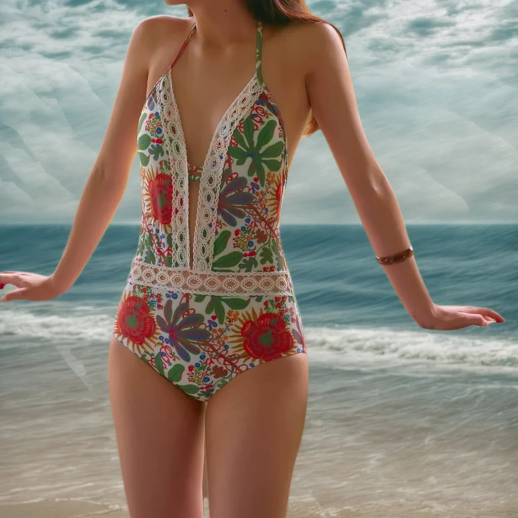 2025 new one-piece swimsuit women lace lace lace print bath hot spring swimming senior sense conservative teenage swimsuit
