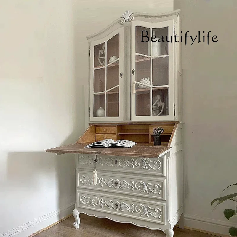 French retro solid wood multi-functional flip integrated desk American living room storage display cabinet