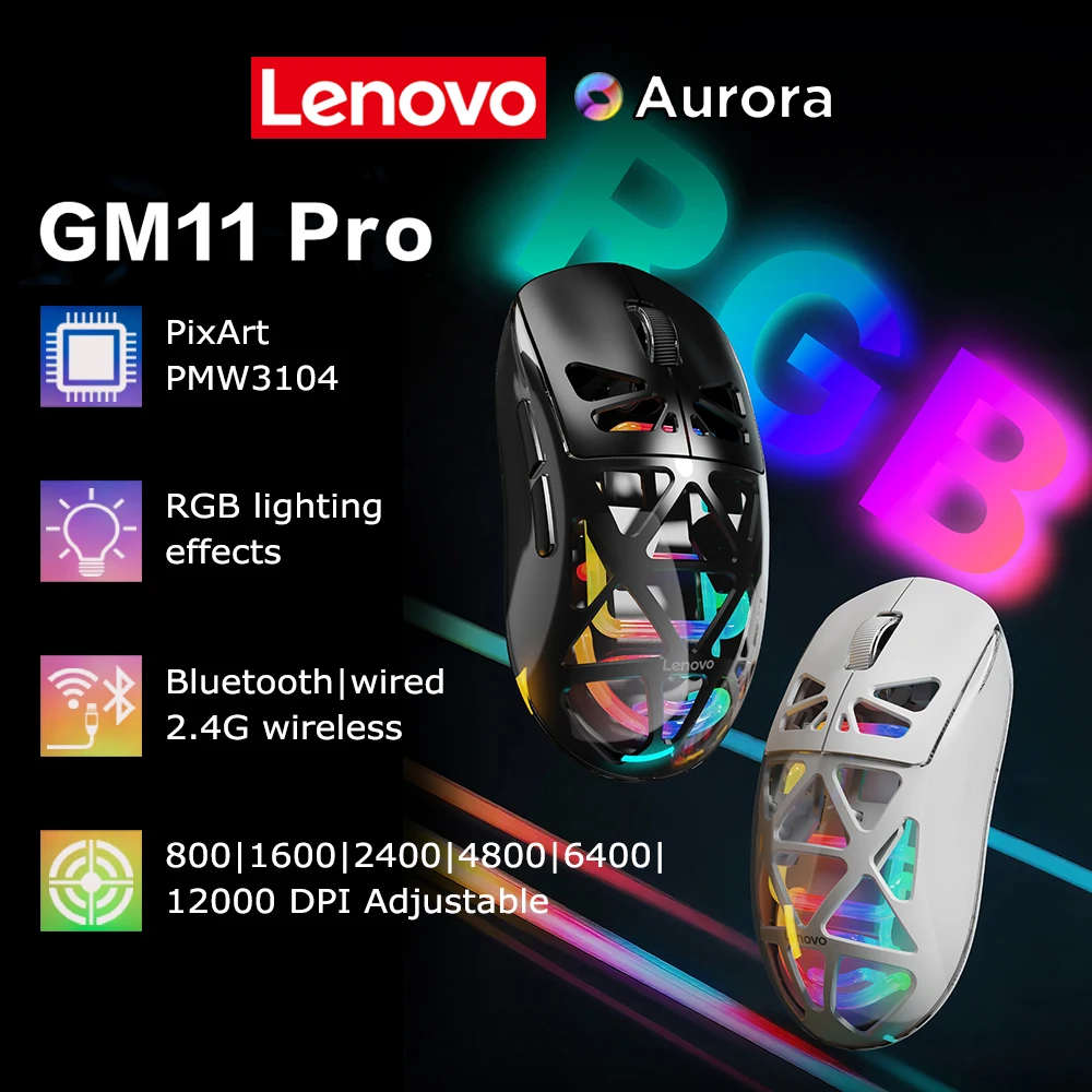 Lenovo GM11 Pro Aurora Gaming Mouse RGB 3-mode 2.4G Wireless Bluetooth 12000 DPI Adjustable Lightweight Portable Rechargeable