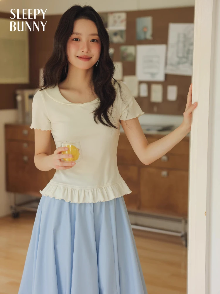 

High Waist Blue Puff Skirt Women Summer Loose Cloud Hem A-Line Skirt Casual Elastic Midi Skirt to Flatter Hips and Slim Figure