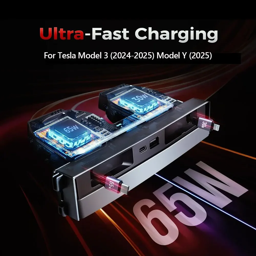 For Tesla Model Y Juniper 2025 Retractable Center Console USB Hub Model 3 Highland Phone Charger Fast Charging Docking Station