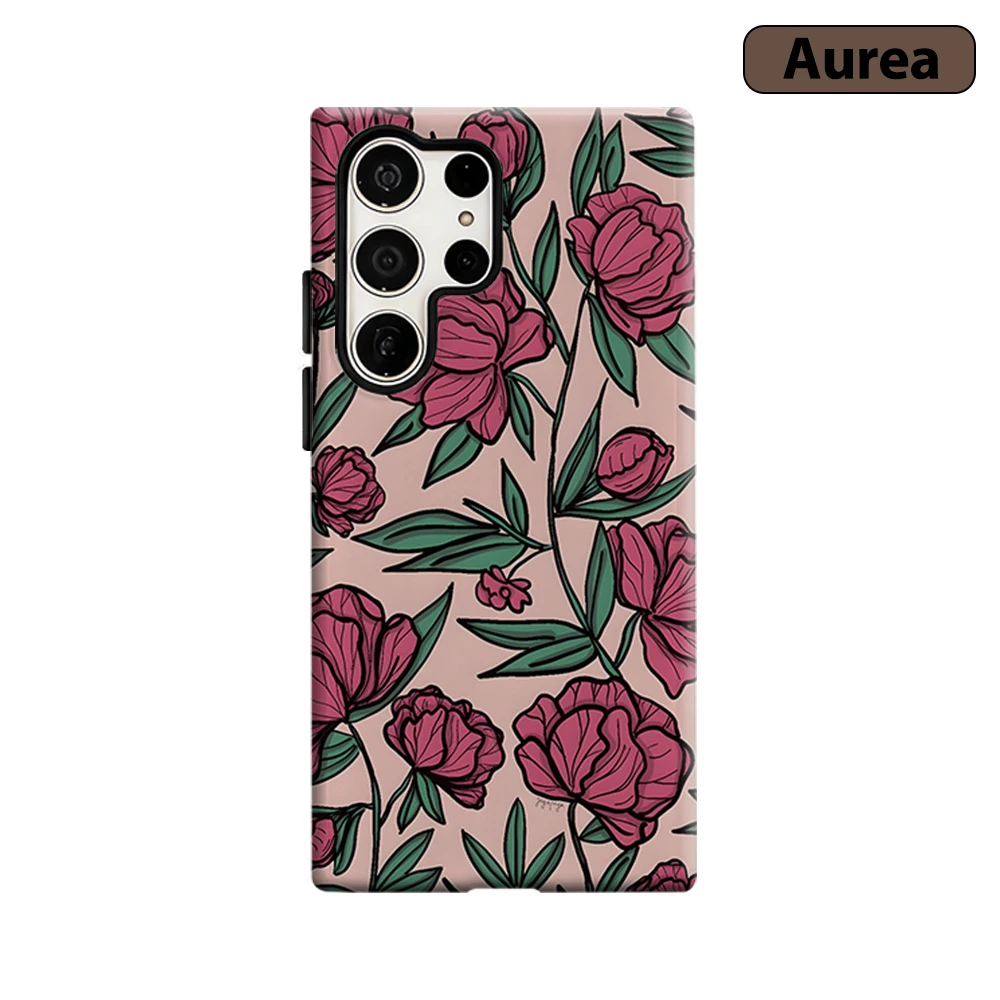Pink Peony Sketch Phone Case for Samsung Galaxy S26 S25 Ultra S24 S23 Ultra Plus Shockproof Double layer tough Back Cover