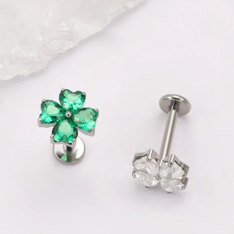 ASTM F136 TItanium with Heart CZ Flower Lab Piercing Labret Lip Studs Sparkle Ear Tragus Helix Conch Lobe Earrings Body Jewelry