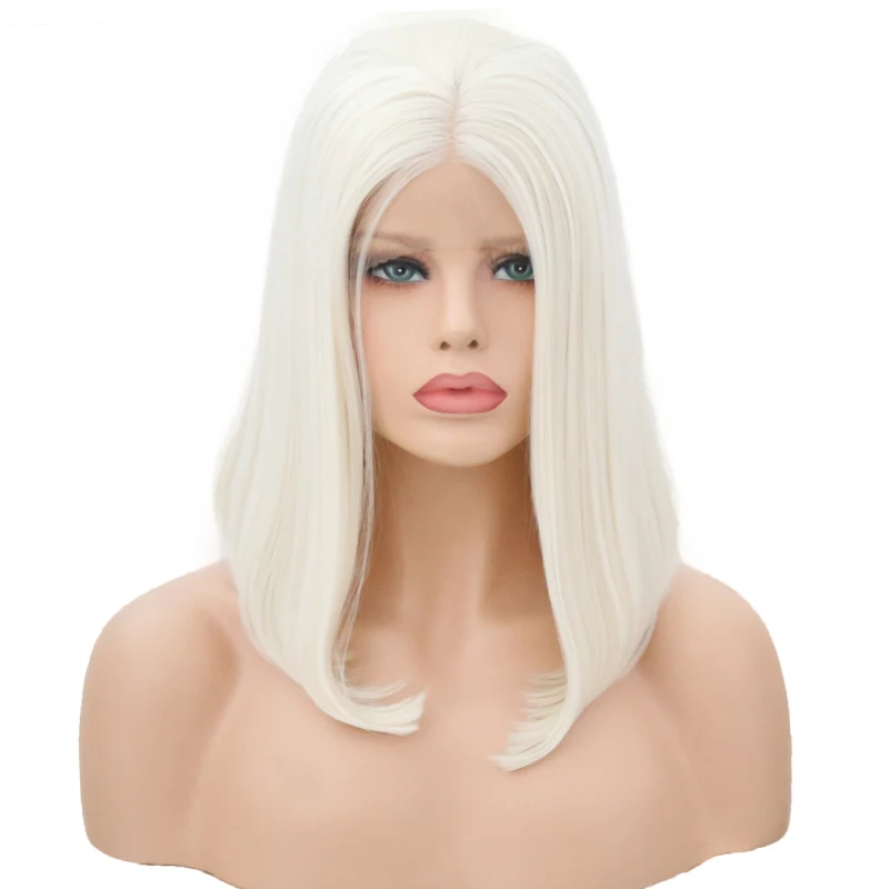 Fashiomag Medum Straight Light Blonde Lace Front Heat Resistant Fiber Wigs Women Soft Natural Daily