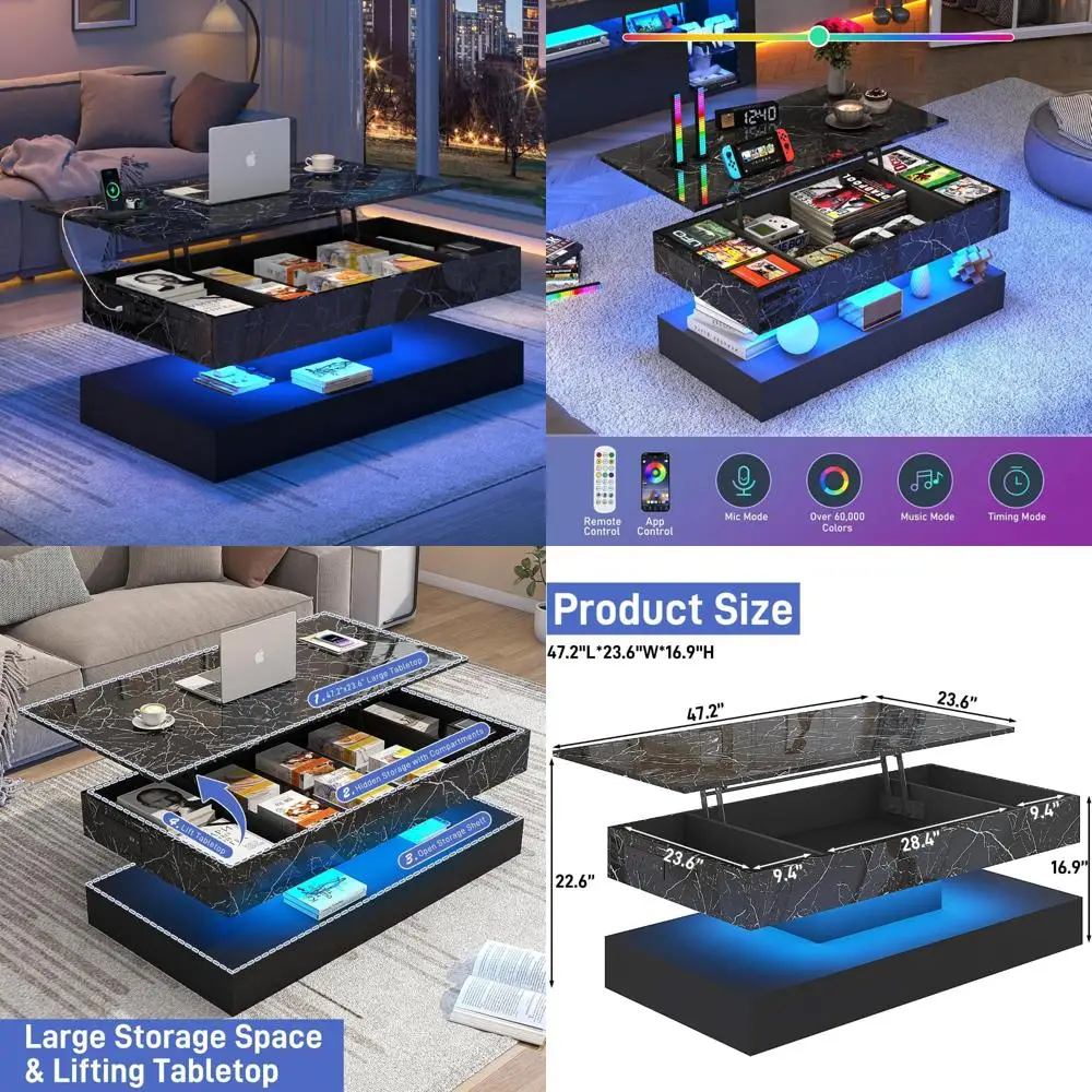 Modern LED-lit Lift Top Coffee Table with Charging Station and Hidden Storage, High Glossy Center Table for Contemporary Living