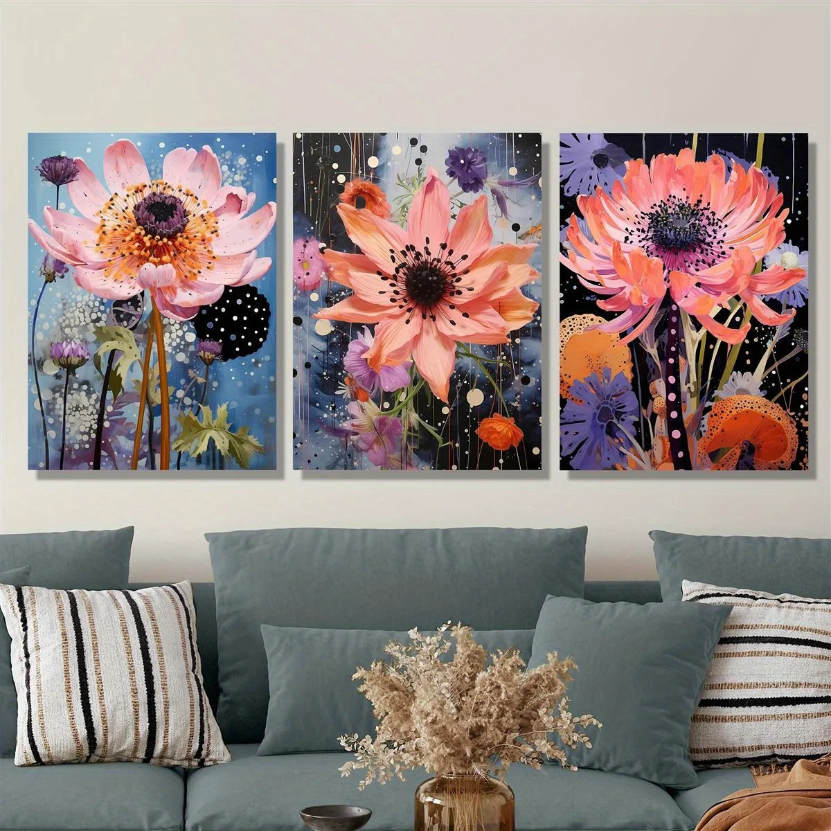 3pcs Art Deco Botanical Canvas Prints, Pine Wood Wrapped Frame, Modern Retro Cornflower Landscape Artwork, Ink Painting Wall
