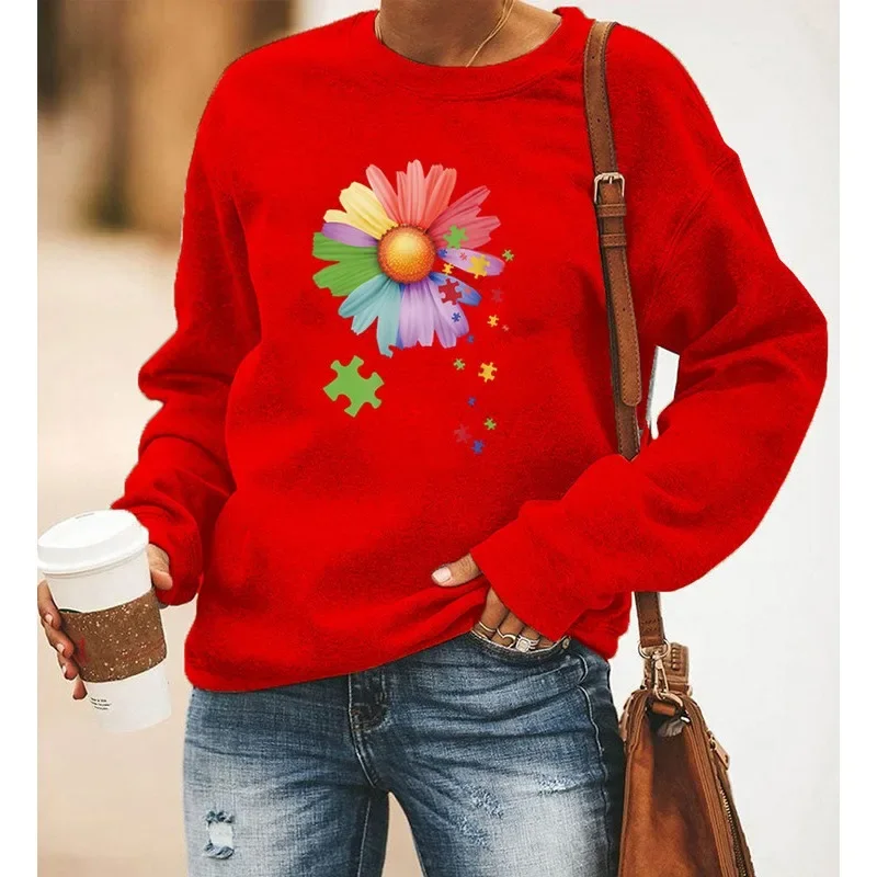 Estética feminina pequena margarida impressão manga longa crewneck hoodie senhora moletom confortável moda camisolas roupas