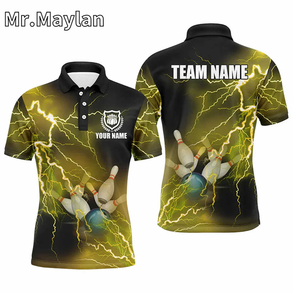 3D Black Men Bowling Polo Shirt Custom Blue Lightning Mens Bowlers Jerseys Bowling Outfits Gift for Bowling Lovers Unisex Tops image 6