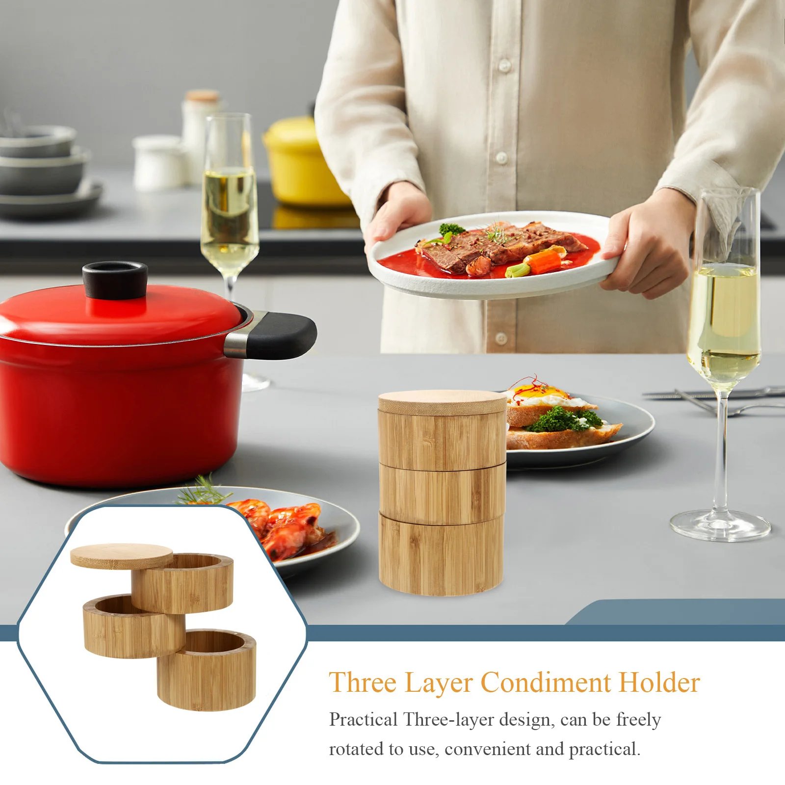 

1Pcs Bamboo Three-Layer Condiment Holder Rotatable Seasoning Storage Jar Practical Kitchen Accessory Texture