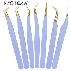 1 Pcs False Eyelash Tweezers Eyebrow Lifting Clip Stainless Steel Anti-Static Purple Grid Lash Extension Tweezer Makeup Tool