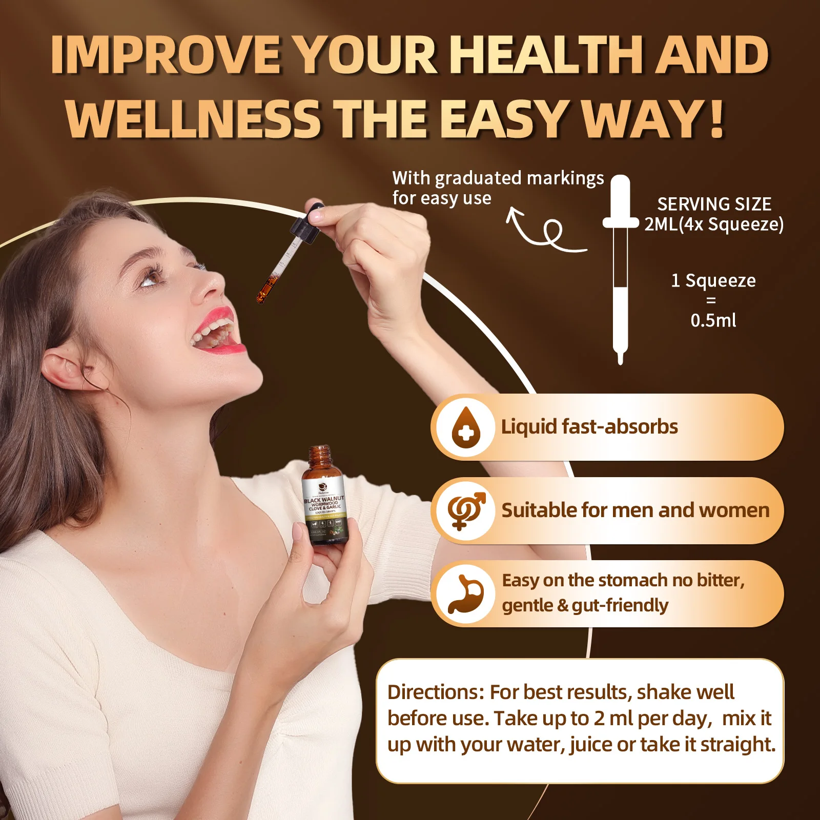 Lukaree 60ML Black Walnut  Drop with Wormwood Clove & Garlic Support Digestion and Immune Health, Detoxify the Body Antioxidant