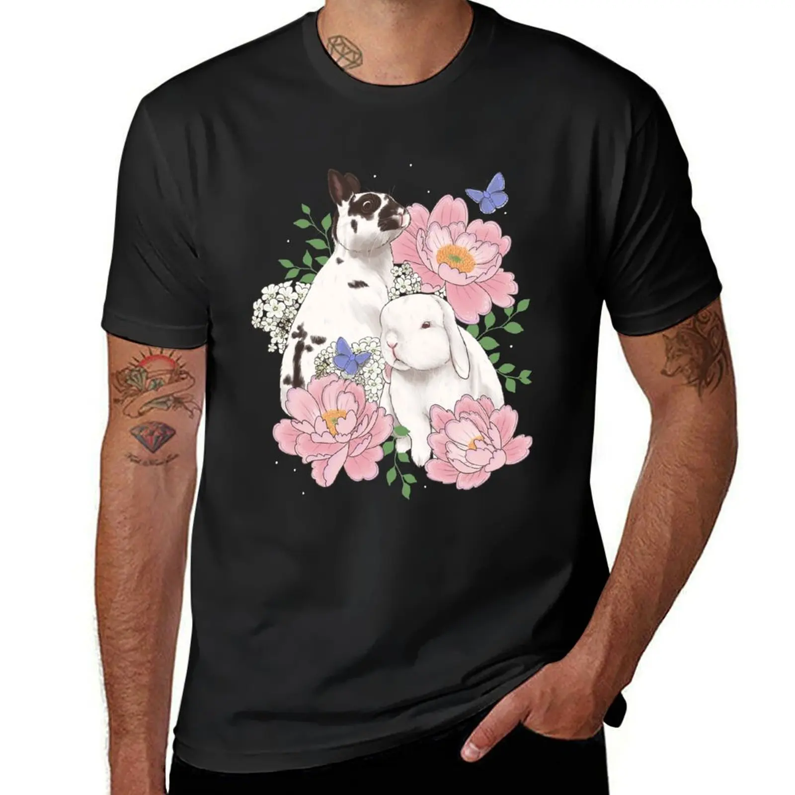 Bunnies and Peonies T-shirt korean fashion Short sleeve tee Blouse mens champion t shirts