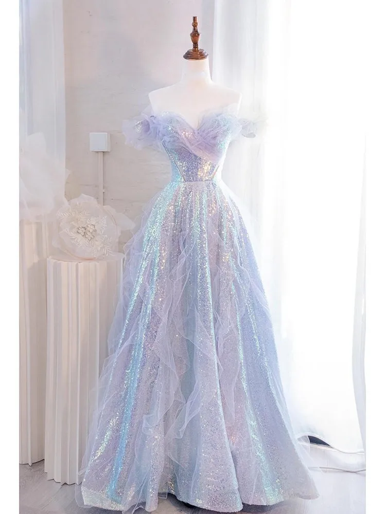 Purple light luxury and niche banquet host one-shoulder toasting dress with a sense of coming-of-age ceremony