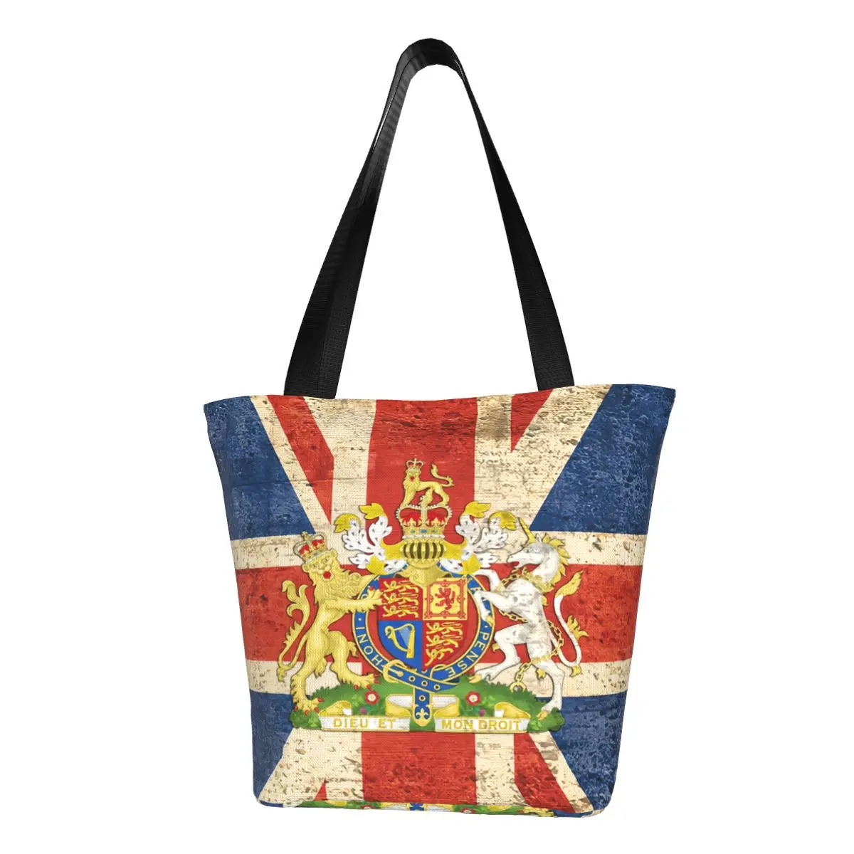 Custom Flag Of United Kingdom And Royal Coat Of Arms Canvas Shopping Bag Women Recycling Grocery Tote Shopper Bags