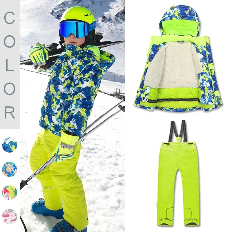 

Phibee Children's Ski Suit Winter Thickened Jacket Pants Boys Outdoor Snowboard Waterproof and Windproof Ski Suit Girls