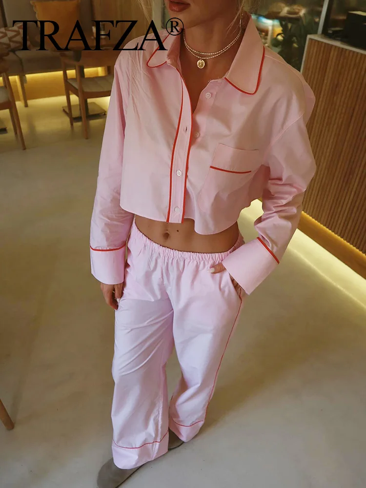 TRAFZA Women Casual Set Lapel Single Breasted Pink Long Sleeve Crop Shirt Tops Female Fashion Elastic Mid Waist Wide Leg Pants