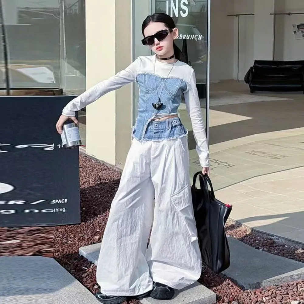 2026 New Spring Fashion Girls Cool Streetwear Set Jazz Hip Hop Dance Costume Y2K Baddie 2 PCS Outfit for 120-170cm