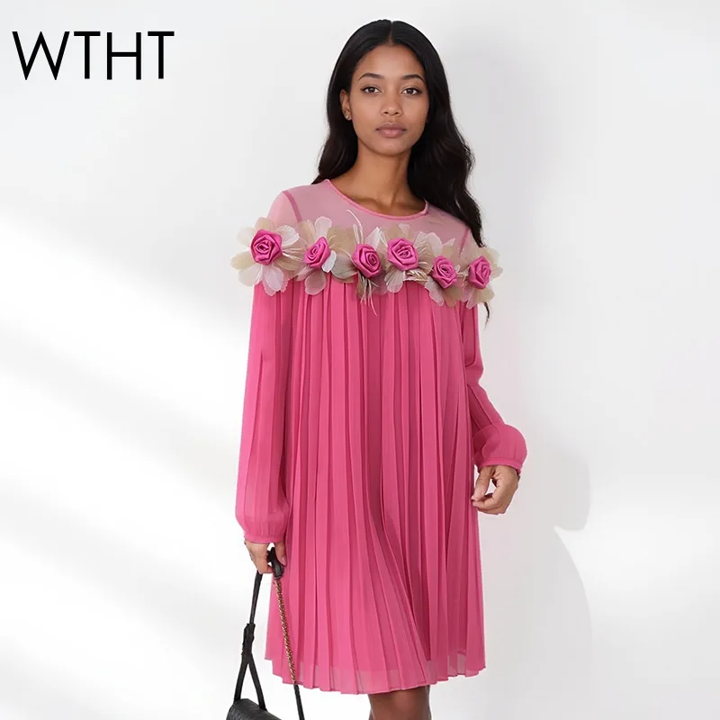 

WTHT France Style 3D Flower Gauze Wrinkled Shirt For Women 2026 Spring Fashion O-neck Lantern Sleeve Blouse Female 1LS2906