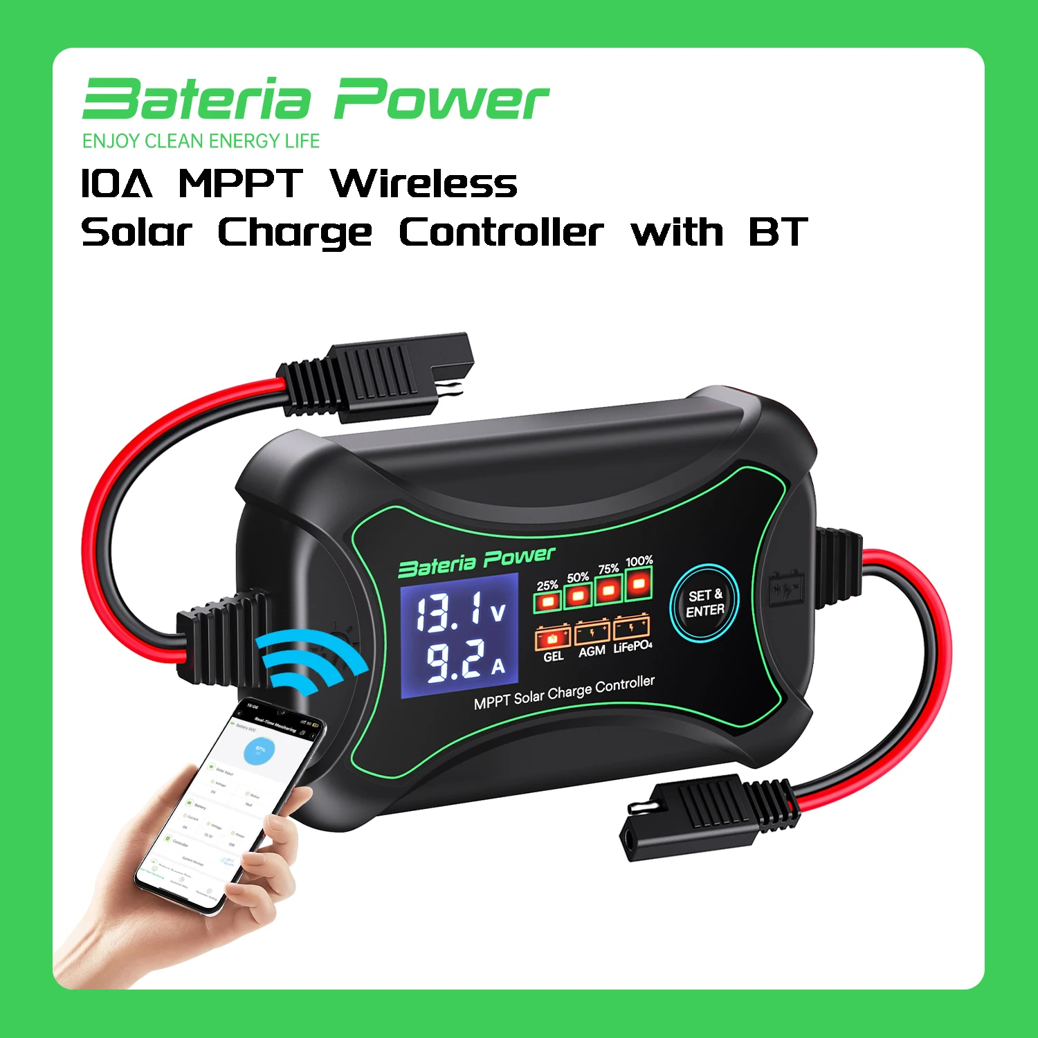 Controlador de Carga Solar sem Fio Mppt 10a com bt Bateria de Energia 12 Volts Telefone App Controle Inteligente Regulador Solar com Lcd