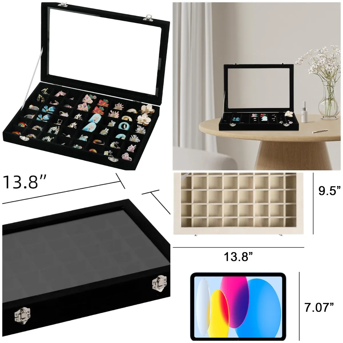 

Поднос для ювелирных изделий из 48 сеток со стеклянной крышкой, регулируемый органайзер для сережек, бархатный ящик для колец и шпилек, 13,8 x 9,5 x 2 дюйма, черный