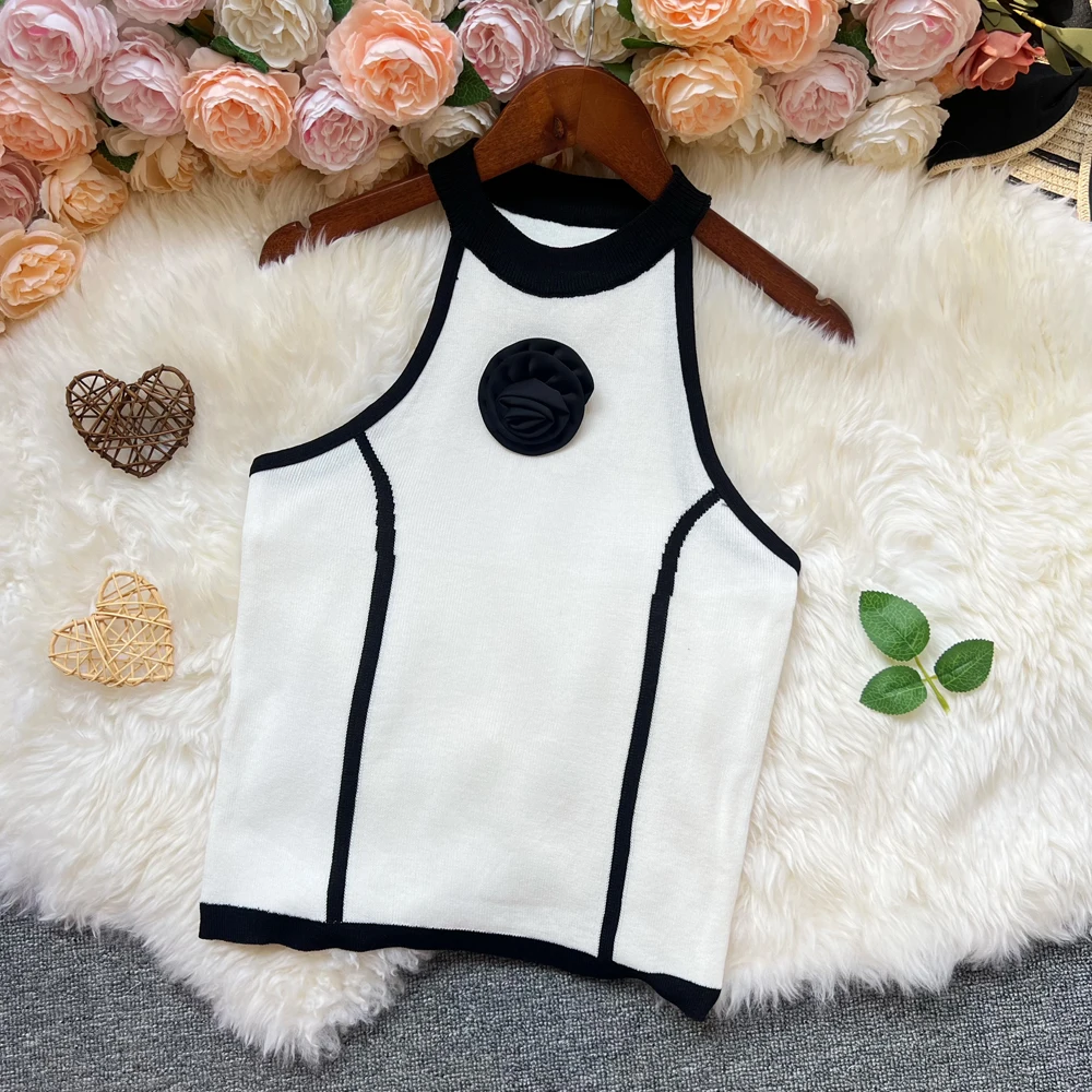 YuooMuoo Chic mode tricoté hauts femmes Y2K fabrication à la main 3D fleur mince élastique tricoté pull débardeurs tenues d'été chemises