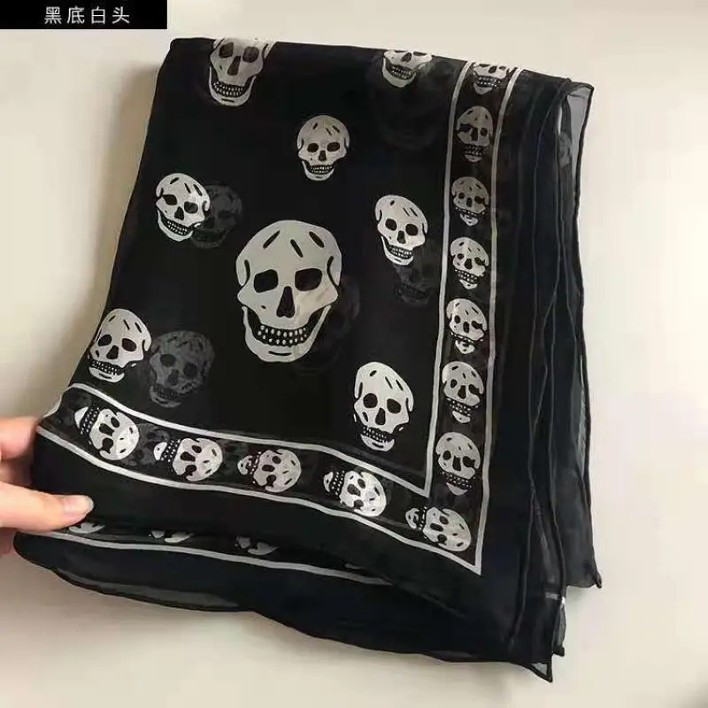 

Summer Beach Square Shawl Ladies Designer Skull Print Chiffon Scarf Muslim Hijab for Women Luxury Skeleton Wrap 120Cm*120Cm