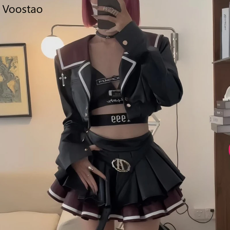 Sexy Gothic Pu Leather Skirt Sets Women Casual Y2k Moto Biker Short Jackets Mini Pleated Skirt Suit Female Korean 2 Piece Set