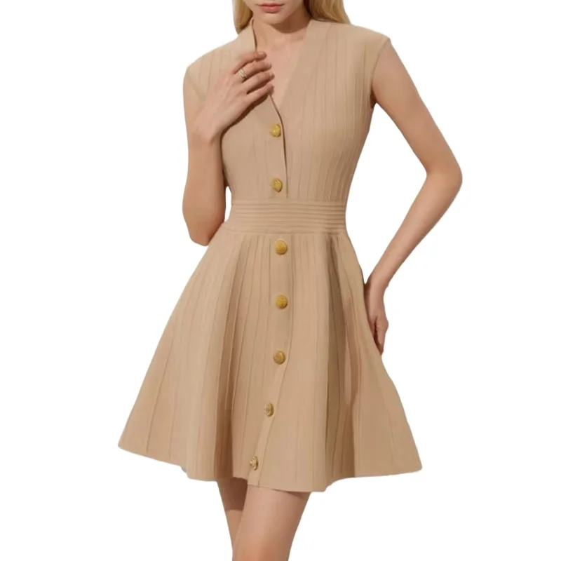 

Women's Sweater, Celebrity V-neck Metal Button Short Dress 2025 Summer Sleeveless Vest Skirt Vertical Strip Tight Knitted Skirt