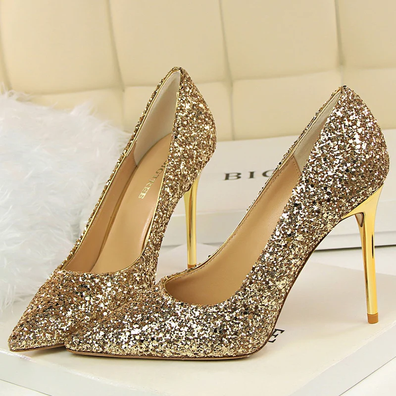 Women 7cm 9.5cm High Heels Pumps Wedding Bridal Scarpins Sparkly Mid Heels Lady Party Sequins Glitter Evening Gold Silver Shoes