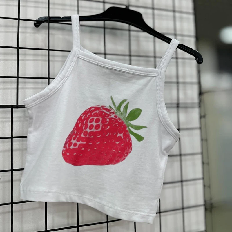 Punk Y2k Clothes Gothic Emo Girl Sleeveless Camisole Women's Corset Strawberry Print Crop Tops Vintage Aesthetic Grunge Tank Top