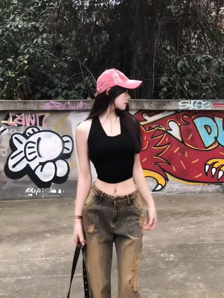 유니크 발 스트랩 베스트 여성 여름 태국 스타일 섹시한 작은 가슴 탑 출퇴근용 슬림핏 오버 롱