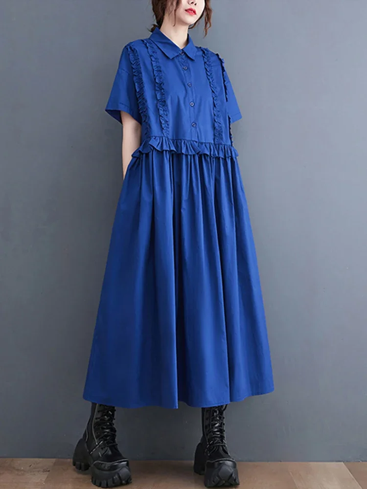 2024 Spring Summer New Patchwork Shirt Dresses for Women Short Sleeve Loose Casual Vintage Long Dress Fashion Elegant Clothing